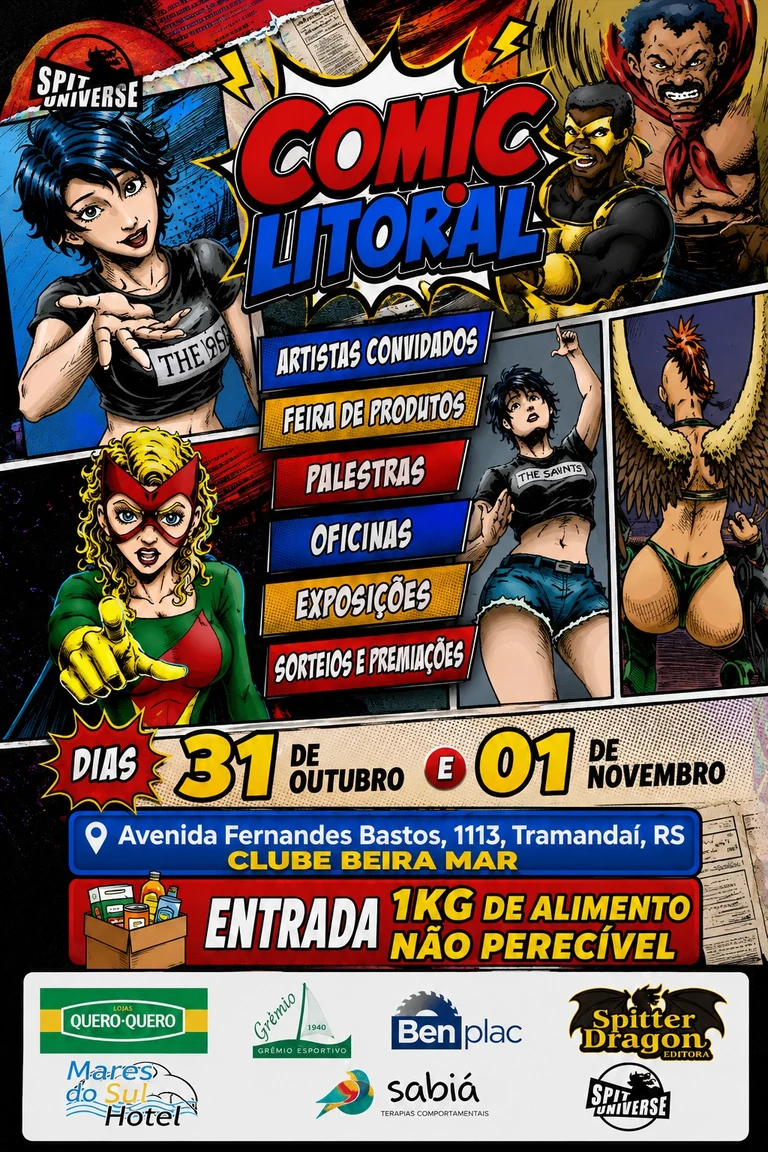 Pôster oficial do Comic Litoral com personagens em quadros de HQ